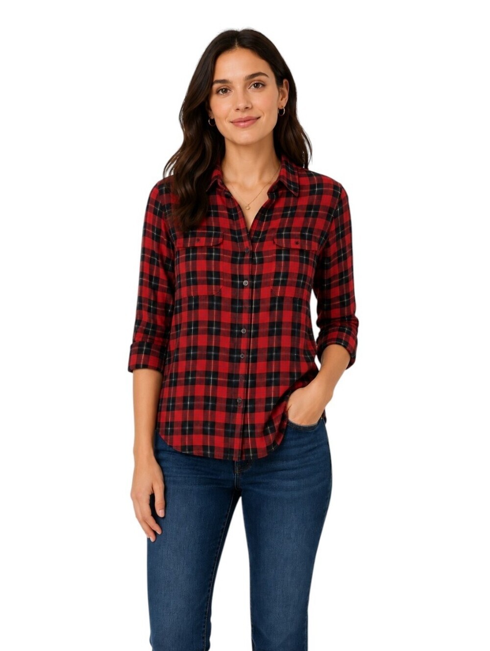 Equipment Femme 100% Silk Plaid Button Down Shirt Red Navy Buffalo Check Medium